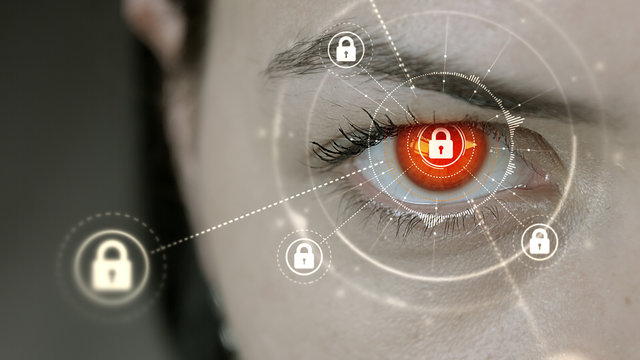 Young cyborg female blinks then security lock symbols appears.