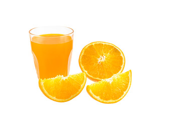 Glass of Fresh Orange Juice, Half crescent Orange Fruit on white background
