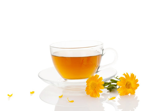 Calendula herbal tea in a cup.