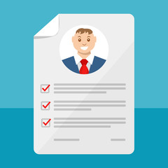 Vector illustration in a flat style. Document with personal data, application for employment, professional resume.
