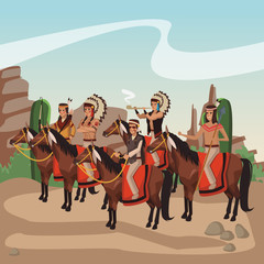 Fototapeta na wymiar American indian warriors on horses at village cartoon vector illustration graphic design