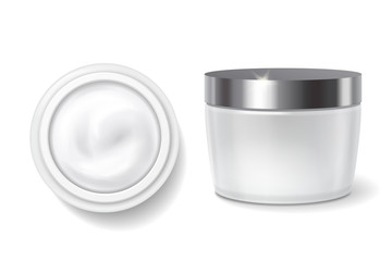 Round packaging of cream, skin care white cosmetic jar. top and side view template vector