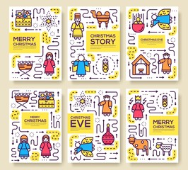 Fototapeta premium Merry Christmas vector brochure cards set. birth of Christ template of flyer, magazines, posters, book cover, banners. Layout elements illustrations modern pages.