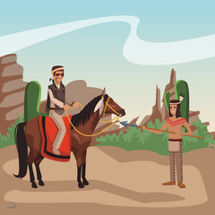 American indian warrior on horse at village cartoon vector illustration graphic design