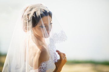portrait of the beautiful bride close-up covered with a veil