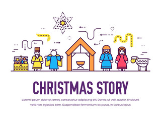 Obraz na płótnie Canvas Merry Christmas thin line icons flat set background. Outline birth of Christ illustration background concept.