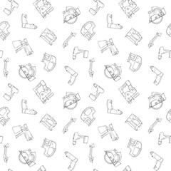Hand drawn sketch illustration seamless pattern background with set of power tools - electric screwdriver, jig saw, screwdriver, punch, circular saw, stapler, grinder, spray gun isolated on white