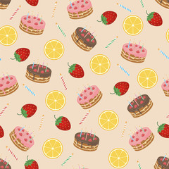 Seamless cake pattern, lemon, strawberry and candles. Vector illustration