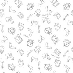 Hand drawn sketch illustration seamless pattern background with set of power tools - electric screwdriver, jig saw, punch, circular saw, stapler, grinder, spray gun with lettering isolated