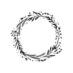Floral rustic branch wreath for wedding invitation template design. Botanical hand drawn elements. Nature vector illustration.