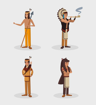 American indian warriors at village cartoon vector illustration graphic design