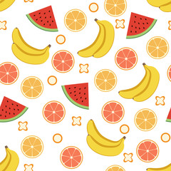 Seamless fruit pattern. Lemon, orange, watermelon, banana. Vector illustration