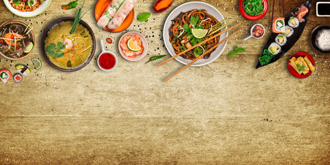 Obraz na płótnie Canvas Various of asian meals on rustic background , top view , place for text.