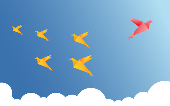 Vector illustration with origami, paper bird flying on sky background with white cloud.