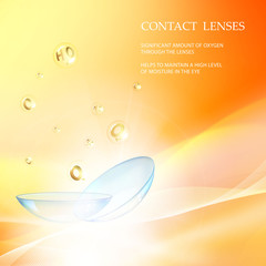 Science card with Contact Lenses sign. Orange wave flow at the top of the image over yellow background and two eye lences.
