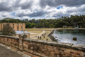 Scenic view of old buildings Port Arthur, Tasmania, Australia. Ruins of prison, tourist destination, World Heritage Site.