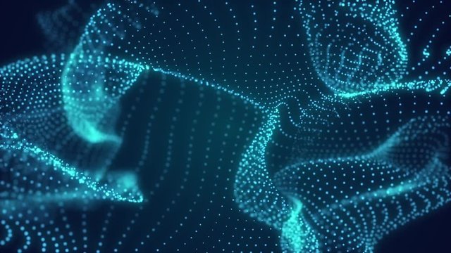 Abstract blue cg motion waving texture with glowing defocused particles. Cyber or technology digital landscape background. 1920p Full hd