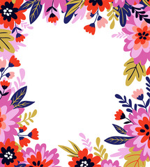 Vector floral frame in doodle style with flowers and leaves. Gentle, summer floral background for greeting cards, wedding cards or invitations.