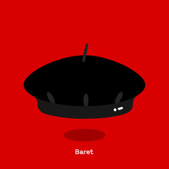 BERET
Soft, round, flat-crowned hat made from woven or hand-knitted wool. It is illustrated in black on the red background.