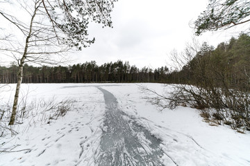 frozen lake with clean field for ice hockey