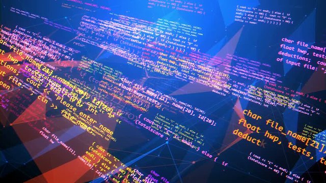 An ultramodern 3d rendering of a slowly moving code program with beam looking white, pink and yellow texts, formulas, signs and symbols moving in the tunnel blue backdrop.  