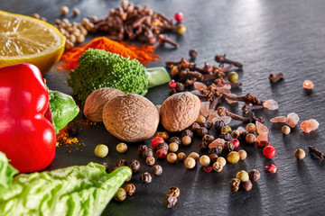 Spices, herbs and fresh vegetables for cooking