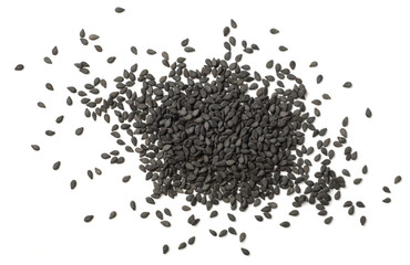 dried black sesame seeds isolated on white, top view