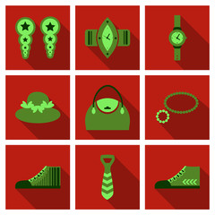 Set with icons on theme of shopping and clothes . Vector illustration.