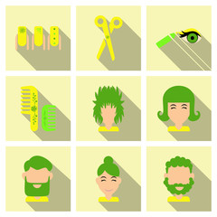 Vector graphic set.Isolated Icons in flat, contour, thin, minimal and linear design.Beauty saloon.Care of hair, face and body.