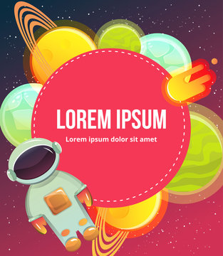 Space banner with planets, astronaut, stars. Vector illustration
