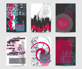 Naklejka premium Abstract backgrounds set with distorted glitch and geometric elements. Trendy cover template design for posters, banners, flyers, placards, brochures. Vector illustration 