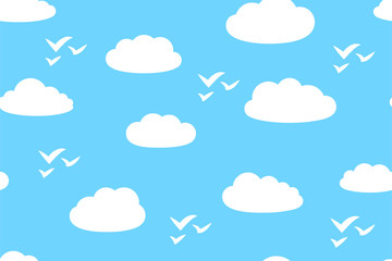 Cartoon white clouds and silhouettes of birds in blue sky, seamless pattern, vector illustration in flat style.