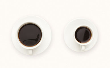 Various cups with black coffee on white isolated background