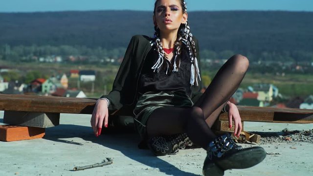 Sensual girl. Beauty romantic girl outdoors. beautiful woman in sun light. Blowing long hair. Autumn. Glow sun, sunshine. Backlight. Subculture. Emo girl. Postapocalypse girl. Steampunk.