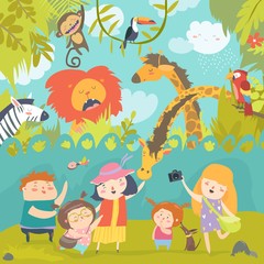 Happy children in zoo with wild african animals - obrazy, fototapety, plakaty