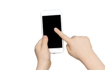 Kid hands holding blank mobile phone