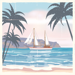 Fototapeta na wymiar Vintage seaside summer view poster. Seascape, ship, flowers, palms. Vector background, illustrations