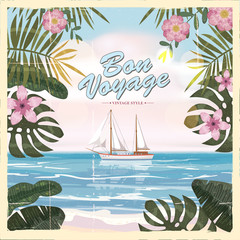 Fototapeta na wymiar Vintage seaside summer view poster. Seascape, ship, flowers. Vector background, illustrations
