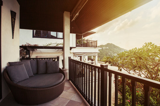 Tropical luxury villa interior outdoor,  sea view veranda