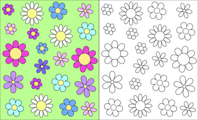 stylized outline flower head spring child colouring book card, vector eps10