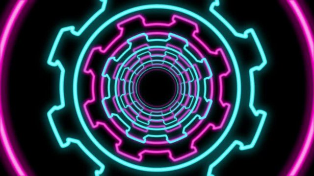 A trance 3d rendering of a cogwheel formed tunnel in the black background. It is sparkling and multicolored. It has turquoise, violet and pink pinions put in one straight pipe. Loopable.