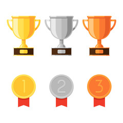 Cups and medals icon, gold, silver and bronze. Winner trophy symbols. Vector illustration in modern flat style isolated on white background