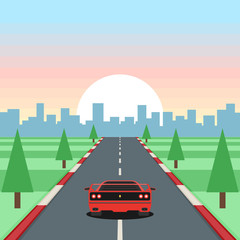 Retro game racing. Motor vehicles rides on highway on sunset background. Vector illustration in flat style design