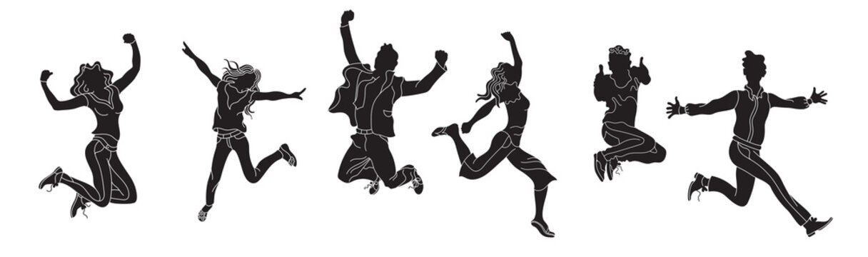 Jumping people silhouette on the white background.various poses jumping people character. hand drawn style vectordesign illustrations.happiness, freedom, motion and people concept.Horizontal banner