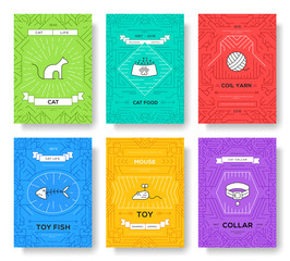 breed cats thin line brochure cards set. Animal traditional template of flyear, magazines, posters, book cover, banners. kitten outline invitation concept background. Layout quality modern pages