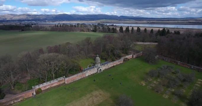 Aerial footage of The Pineapple also called Pineapple House near Airth in Central Scotland. A pineapple shaped roof of a summerhouse built in 1761 by the Earl of Dunmore.
