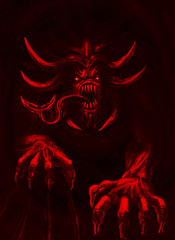 Fototapeta premium Terrible demon with horns crawls out from hell