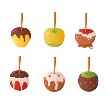 Sweet caramel and chocolate candy apple set. Vector illustration in cartoon style.