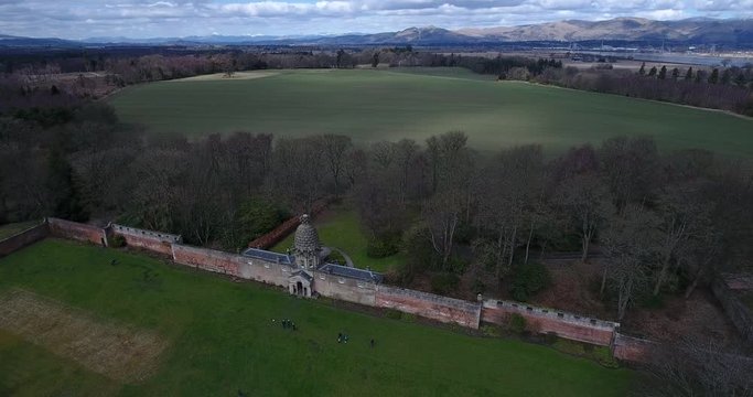 Aerial footage of The Pineapple also called Pineapple House near Airth in Central Scotland. A pineapple shaped roof of a summerhouse built in 1761 by the Earl of Dunmore.