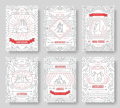 Chile vector brochure cards thin line set. Country travel template of flyear, magazines, posters, book cover, banners. Layout culture monument outline illustrations modern pages